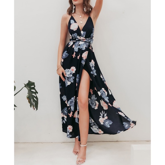 MBM Unlimited Dresses & Skirts - Navy Blue Floral Backless Lace Up Wrap Maxi Dress